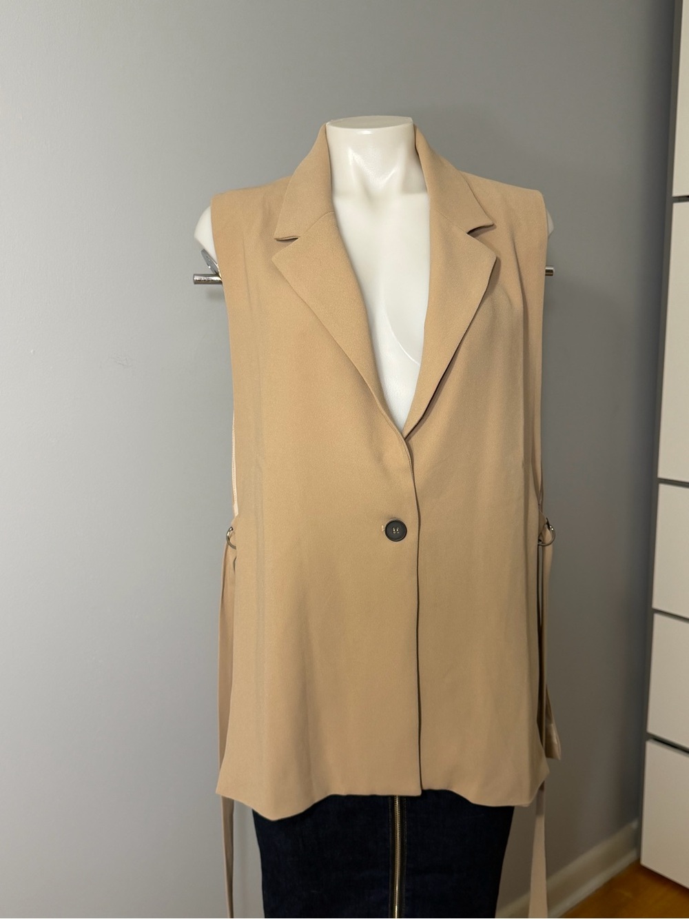Tailored Sleeveless Tan Vest Blazer - Women Jackets & Coats